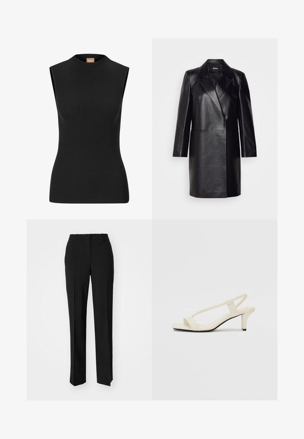Fekete bőr blézer, hajtott gallérral, egygombos záródással és hosszú ujjal. Simaság jellemzi, és testre szabott fazonú.; Fekete, ujj nélküli, bordázott felső, magas nyakkal és testhez simuló siluettel, rugalmas anyagból készült. Minimális márkázás található a nyakán.; Fekete, testhezálló nadrág egyenes szárú kivitelben, sima textúrával és éles redőkkel az elején. Nincs látható fémalkatrész.; Beige színű, blokksarkú szandálok vékony pántokkal és négyzet alakú orral. Simább anyag, minimális részletezéssel, amely könnyű viselésre lett tervezve.