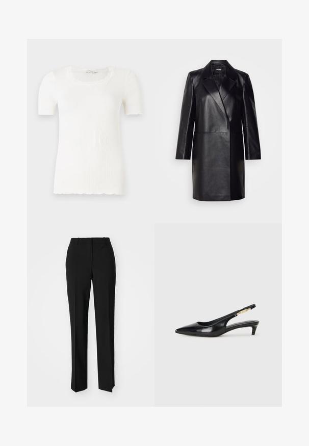 Blazer de couro preto com colarinho com bico, fecho de botão único e mangas longas. Apresenta uma textura suave e um corte ajustado.; Top branco de manga curta com textura ribbed, apresentando um decote e barra de renda ondulada. Feito de material suave, com um corte ajustado e uma textura agradável.; Calças pretas de corte ajustado com um design de perna reta, apresentando uma textura lisa e pregas bem definidas na frente. Sem hardware visível.; Saltos slingback em couro preto com bico fino, apresentando um salto esguio e um detalhe em tom dourado na alça ajustável. Textura suave.