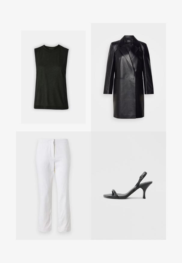 Černá kožená blejzr s klopovým límcem, zapínáním na jeden knoflík a dlouhými rukávy. Vyznačuje se hladkou texturou a přiléhavým střihem.; Černý top bez rukávů vyrobený z měkké látky s kulatým výstřihem a volným střihem. Jednoduchý design bez viditelných vzorů nebo kovových prvků.; Bílé bavlněné kalhoty s rovnou nohavicou, s středně vysokým pasem a bez viditelných kovových prvků nebo vzorů. Hladká textura po celém povrchu.; Černé kožené sandály na vysokém podpatku s úzkým, zakřiveným podpatkem a designem s překříženými popruhy. Nastavitelný pásek kolem kotníku. Hladký povrch.
