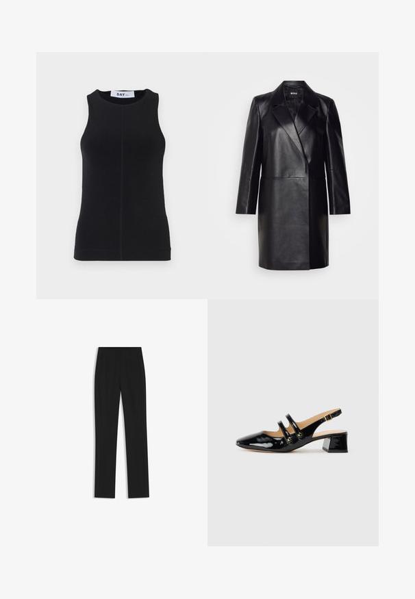 Giacca in pelle nera con colletto a revers, chiusura con un solo bottone e maniche lunghe. Presenta una texture liscia e una vestibilità sartoriale.; Top nero senza maniche realizzato in un tessuto liscio, con scollatura rotonda, design aderente e cuciture sottili lungo i fianchi.; Pantaloni neri su misura con un design a gamba dritta, dotati di tasche frontali e un tessuto liscio e strutturato. Dettagli ordinati e minimalisti.; Scarpa slingback in pelle lucida nera con punta affusolata, dettagli a due cinturini, accenti circolari dorati e tacco a blocco basso.