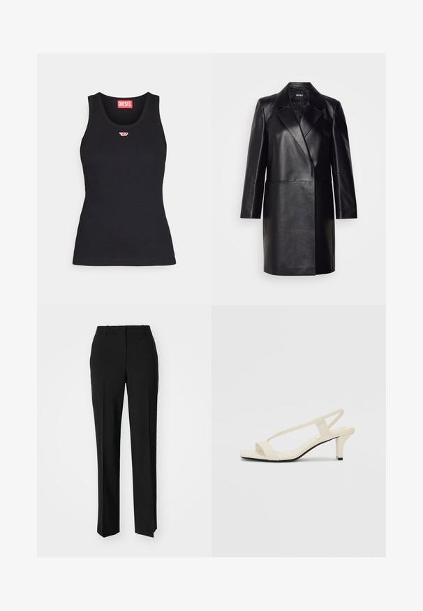 Blazer din piele neagră cu guler decupat, închidere cu un singur nasture și mâneci lungi. Prezintă o textură netedă și o croială ajustată.; Top negru din bumbac, cu decolteu rotund, având un logo mic roșu pe piept și un design ajustat.; Pantaloni negri tailor-ed cu un design drept, având o textură fină și cute clare pe față. Fără elemente de prindere vizibile.; Sandale bej cu toc bloc, cu bretele subțiri și vârf pătrat. Material neted cu detalii minime, concepute pentru a fi ușor de purtat.