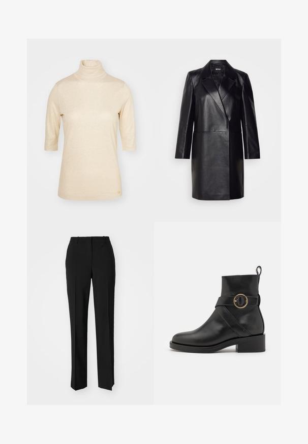 Black leather blazer with a notched collar, single button closure, and long sleeves. Features smooth texture and tailored fit.; Beige turtleneck top with short sleeves, made of ribbed fabric featuring a subtle shimmer. Includes a small logo accent at the bottom.; Black tailored trousers with a straight-leg design, featuring a smooth texture and crisp creases along the front. No visible hardware.; BOSS IRYNA BOOTIE - Platform ankle boots - black
