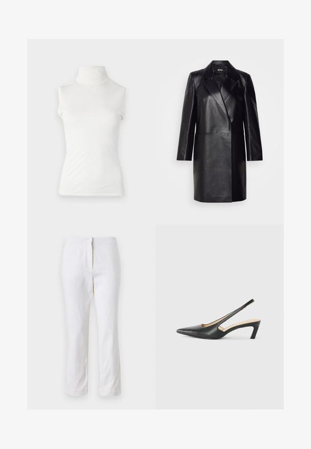 Schwarze Lederblazer mit Reverskragen, einer einzigen Knopfverschluss und langen Ärmeln. Bietet eine glatte Textur und eine taillierte Passform.; Weißes ärmelloses Turtleneck-Oberteil aus weichem Stoff, mit formschmalem Design und geripptem Kragen. Glatte Textur ohne zusätzliche Muster.; Weiße Baumwollhose mit geradem Bein, mittelhoher Taille und ohne sichtbare Beschläge oder Muster. Glatte Textur auf der gesamten Fläche.; Schwarzer spitz zulaufender Slingback-Schuh mit niedrigem Absatz, der aus glattem Leder gefertigt ist und seitliche Ausschnitte für Atmungsaktivität aufweist.