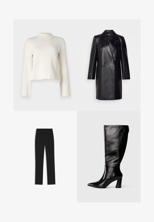 Blazer en cuir noir avec un col cranté, fermeture à un bouton et manches longues. Présente une texture lisse et une coupe ajustée.; Pull en tricot blanc avec des manches longues, un col montant et une bordure en dentelle festonnée au bas. Texture douce avec un design court.; Pantalon noir ajusté avec une coupe droite, doté de poches avant et d'un tissu lisse et texturé. Détails soignés et minimalistes.; Botte en cuir noir à hauteur de genoux avec un bout pointu, une texture lisse et un talon épais. Elle présente un zip à l'arrière.