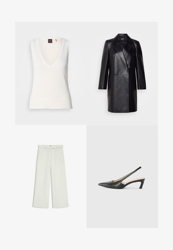 Schwarze Lederblazer mit Reverskragen, einer einzigen Knopfverschluss und langen Ärmeln. Bietet eine glatte Textur und eine taillierte Passform.; Weißes ärmelloses Oberteil mit V-Ausschnitt, aus glattem Stoff gefertigt. Verfügt über einen gerippten Saum und ein dezentes Logodetail in der unteren linken Ecke.; Weite Hose aus zartem Creme-Stoff, mit seitlichen Taschen, flatem Bund und einer Knopfverschluss an der Taille. Glatte Textur.; Schwarzer spitz zulaufender Slingback-Schuh mit niedrigem Absatz, der aus glattem Leder gefertigt ist und seitliche Ausschnitte für Atmungsaktivität aufweist.