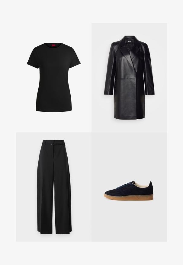 Mustmustnahkblazer, millel on klappkrae, ühe nupuga kinnitamine ja pikad varrukad. Omab siledat tekstuuri ja kohandatud lõiget.; Must must t-särk lühikeste keeratud varrukatega, ümmarguse kaeluse ja punase etiketiga. Sile tekstuur, sobiv kuju minimaalsete detailidega.; Mustad laiad püksid kõrge vöökoht ja vööga. Omavad siledat tekstuuri ja puhtaid jooni, disainitud lõdva istumise jaoks.; Tumesinised seemisnahast spordijalatsid kummist tallaga, siniste paeltega ja minimalistliku disainiga. Küljel on reljeefne logo ja sees on sile vooder.