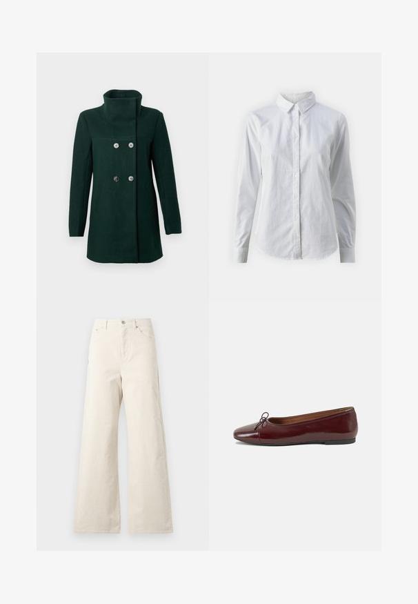 Mørkegrøn uldblanding frakke med høj krave, dobbeltknaplukning, sølvknapper og sidelommer. Glat tekstur og skræddersyet pasform.; Hvid skjorte med knapper lavet af glat bomuld, der har en klassisk krave, lange ærmer og en buet kant. Knapperne er små og hvide.; Beige brede bukser lavet af bomuld, med en frontlås med knap, sidelommer og en glat tekstur. Minimalistisk design uden mønstre.; Bordeaux patentlæder balletflad med rund tå, lille sløjfeaccent foran og en lav, sort gummisål. Glat tekstur.