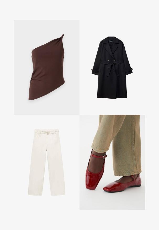 Čierny trenčkot vyrobený z hladkej látky, s dvojradovým zapínaním, opaskom v páse a gombíkovými manžetami, obsahujúci dve predné vrecká.; Námornícky skrátený kardigán vyrobený z mäkkého materiálu s dlhými rukávmi, okrúhlym výstrihom a šiestimi gombíkmi na prednej strane.; Asymetrický hnedý top vyrobený z hladkej tkaniny, s dizajnom jedného ramena, zbrúseným detailom na boku a priliehavým siluetou.; Široké nohavice v krémovej farbe vyrobené z bavlny. Majú pás s opaskom, zips a dve predné vrecká. Hladký povrch, minimálne šitie.; Červené lakované kožené topánky so štvorcovou špičkou, nízkym podpätkom a remienkom okolo členku, v kombinácii so svetlozelenými širokými džínsmi. Hladká textúra, reflexný povrch.