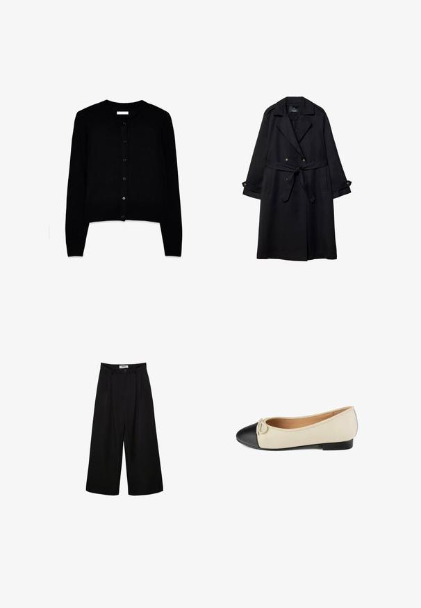 Čierny trenčkot vyrobený z hladkej látky, s dvojradovým zapínaním, opaskom v páse a gombíkovými manžetami, obsahujúci dve predné vrecká.; Čierny kardigán z jemnej pleteniny, s okrúhlym výstrihom, dlhými rukávmi a predným zapínaním na šesť zhodných gombíkov.; Tri biele bavlnené tričká s krátkymi rukávmi a okrúhlym výstrihom, s hladkou textúrou a konzistentným dizajnom.; Čierne široké nohavice s vysokým pásom, plisovaným predným dielom a zapínaním na gombík. Vyrobené z hladkej tkaniny s módnym strihom.; Baleríny v béžovej koži s čiernym okrúhlym špičkou a malou mašľou ako akcentom. Nízky čierny podpätok a hladká textúra na vrchnej časti.