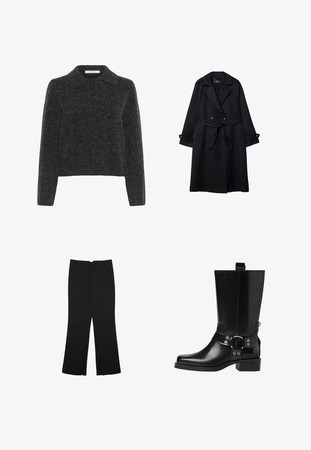 Černý trenčkot vyrobený z hladké látky, s dvouřadým designem, páskem v pase a manžetami na knoflíky s dvěma předními kapsami.; Tmavě šedý vlněný pulovr s klasickým límcem, dlouhými rukávy a pěti knoflíky, s měkkým, texturovaným povrchem.; Černé kalhoty s rovným střihem, s předními kapsami a bočními rozparky na lemu. Vyrobené z jemné, hladké tkaniny. Vhodné na různé příležitosti.; Černá kožená vysoká bunda s špičatou špičkou, stříbrnými sponami a robustní podešví. Obsahuje poutko pro snadné obutí.
