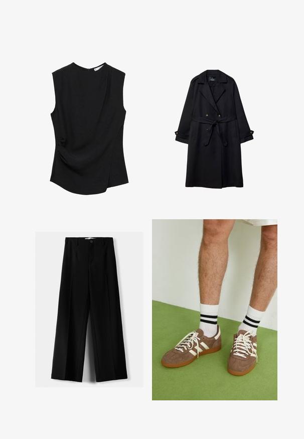 Czarny płaszcz trench z gładkiego materiału, z podwójnym zapięciem, paskiem w talii i zapięciami na guziki przy mankietach oraz dwoma przednimi kieszeniami.; Czarny top bez rękawów z okrągłym dekoltem, miękkiego materiału i drapowaną boczną detalem, który dodaje faktury i kształtu.; Czarne spodnie szerokie, wykonane z lekkiego materiału, z zapięciem na guzik z przodu i gładkim przodem, z starannie wykończonymi brzegami.; Brązowe zamszowe sneakersy z białymi akcentami i sznurówkami. Gumowa, brązowa podeszwa. Noszone z białymi skarpetkami w czarne paski. Zielona teksturowana podłoga.