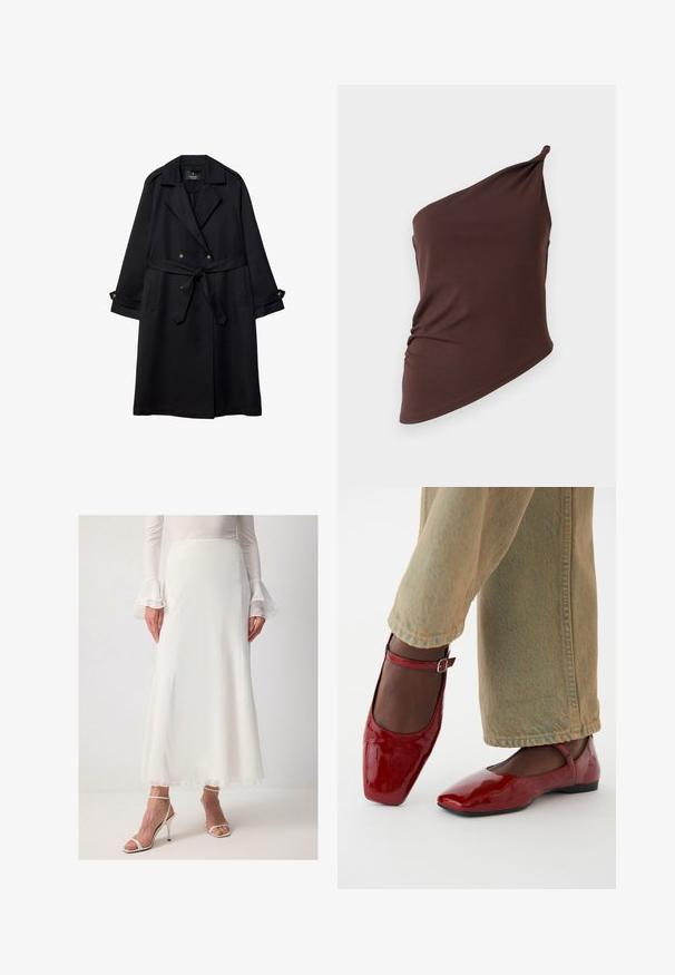 Čierny trenčkot vyrobený z hladkej látky, s dvojradovým zapínaním, opaskom v páse a gombíkovými manžetami, obsahujúci dve predné vrecká.; Asymetrický hnedý top vyrobený z hladkej tkaniny, s dizajnom jedného ramena, zbrúseným detailom na boku a priliehavým siluetou.; Biela, splývavá maxi sukňa z ľahkej tkaniny s hladkou štruktúrou; má jemný lem a je skombinovaná s nežnými bielymi sandálmi na vysokom opätku.; Červené lakované kožené topánky so štvorcovou špičkou, nízkym podpätkom a remienkom okolo členku, v kombinácii so svetlozelenými širokými džínsmi. Hladká textúra, reflexný povrch.