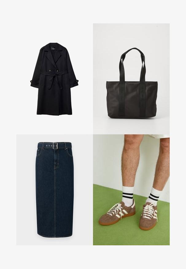 Crni trench kaput od glatke tkanine, s dvostrukim kopčanjem, remenom u struku i dugmadima na rukavima, te dva prednja džepa.; Tri bijele pamučne majice kratkih rukava s okruglim izrezom, sa glatkom teksturom i dosljednim dizajnom.; Tamno plavi traper midi suknja ravnog kroja, s remenom na kopčanje, srebrnim detaljima i kontrastnom šavom duž šavova.; Smeđe nubuk tenisice s bijelim detaljima i vezicama. Gumeni potplat. Nosene s bijelim čarapama s crnim prugama. Zeleno teksturirano pod.; Crna najlonska torba sa dvije čvrste ručke, s teksturiranom površinom i reljefnim logotipom. Jednostavan dizajn bez dodatnih ukrasa.