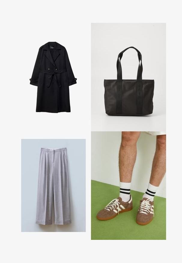 Manteau trench noir en tissu lisse, avec un design croisé, une taille ceinturée et des poignets boutonnés, doté de deux poches avant.; Trois t-shirts en coton blanc à manches courtes et décolleté rond, présentant une texture lisse et un design uniforme.; Pantalons larges gris en tissu texturé avec des plis à l'avant, deux poches latérales et un ourlet droit.; Baskets en daim marron avec des accents et des lacets blancs. Semelle en caoutchouc gomme. Portées avec des chaussettes blanches à rayures noires. Sol texturé vert.; Sac fourre-tout noir en nylon avec deux poignées solides, présentant une surface texturée et un logo en relief. Design simple sans embellissements supplémentaires.