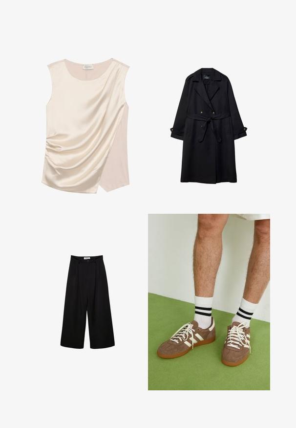 Sort trenchcoat lavet af glat stof, med dobbeltbrystet design, bæltestrop i taljen, og knapmanchetter med to forlommer.; Sømløs top i creme satin med draperet design, der har en glat tekstur og et kontrasterende panel i en lysere nuance på siden.; Sorte brede bukser med høj talje, plisseret front og knaplukning. Lavet af glat stof med en skræddersyet design.; Brune ruskind sneakers med hvide detaljer og snørebånd. Gummisål i naturgummi. Båret med hvide sokker med sorte striber. Grøn struktureret gulv.