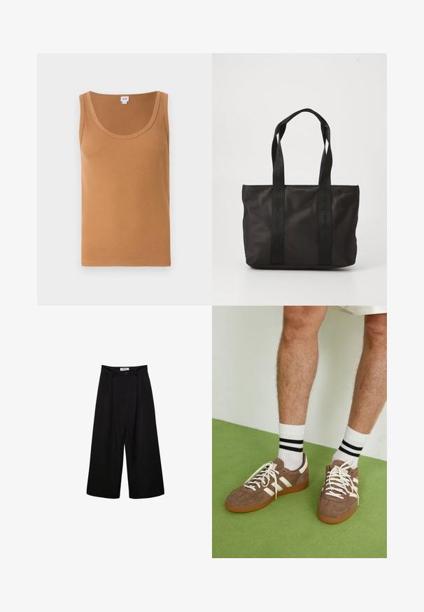 Mustapohja, joka on valmistettu sileästä kankaasta, kaksinkertainen nappivarsi, vyöllä varustettu vyötärö ja nappikiinnitys hihansuissa, joissa on kaksi etutaskua.; Ruskea ribattu hihaton paita, jossa on pyöreä pääntie. Paita on pehmeää materiaalia eikä siinä ole näkyviä logoja tai kuvioita. Siisti ja yksinkertainen muotoilu.; Mustat leveät housut, joissa on korkeavyötärö, poimutettu etuosa ja nappisulku. Valmistettu sileästä kankaasta, jossa on räätälöity muotoilu.; Ruske nahkate sneakerit valkoisilla korostuksilla ja nauhoilla. Kumi-gumipohja. Yhdistetty valkoisiin sukkiin, joissa on mustia raitoja. Vihreä teksturoitu lattia.; Musta nyöritasku, jossa on kaksi tukevää kahvaa, varustettu tekstuuripinnalla ja kohokuvioidulla logolla. Yksinkertainen muotoilu ilman lisäkoristeita.