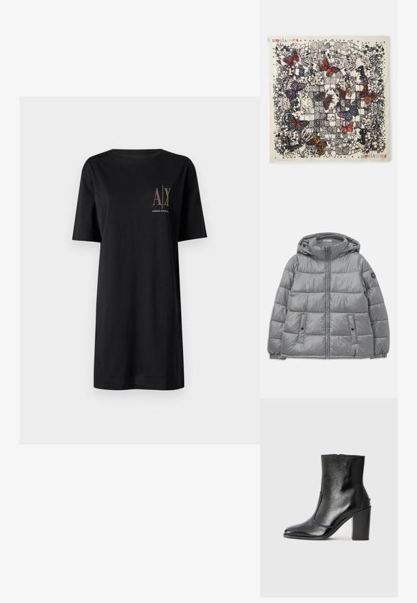 Padded gray jacket with a hood, zip front, two side pockets, elastic cuffs, and a circular logo on the left sleeve. Smooth, shiny texture.; Armani Exchange VESTITO - Jersey dress - black/gold; Black leather ankle boot with a smooth texture, pointed toe, and a chunky high heel. Features a side opening and minimalistic design.; Square silk scarf featuring detailed butterfly illustrations in various colors on a light background, with black outlines and decorative patterns.