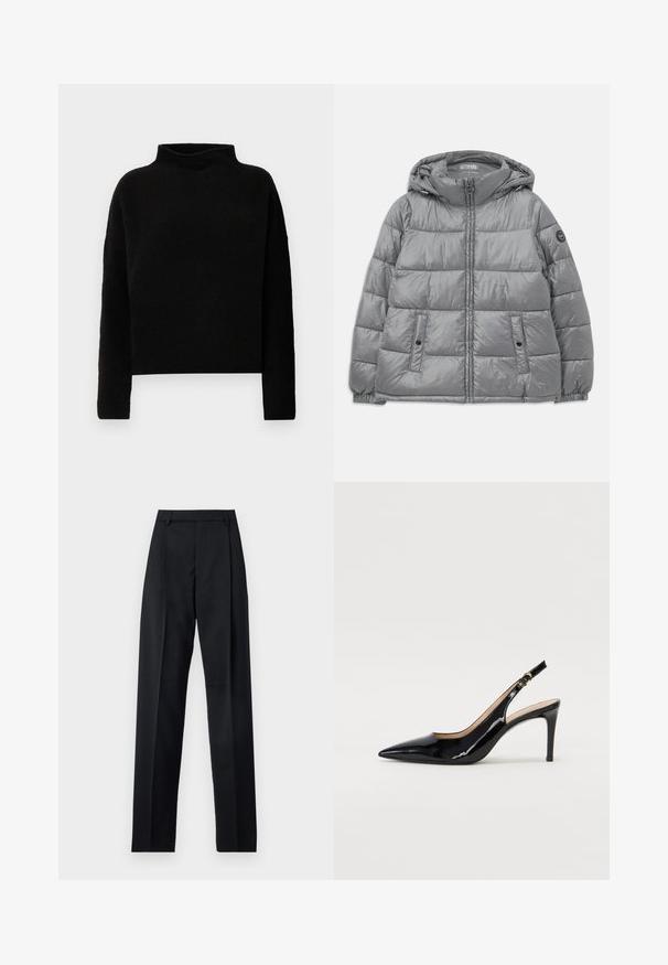 Giacca grigia imbottita con cappuccio, chiusura con zip frontale, due tasche laterali, polsini elasticizzati e un logo circolare sulla manica sinistra. Texture liscia e lucida.; Maglione collo alto nero realizzato in tessuto morbido, con maniche lunghe e vestibilità comoda, con cuciture minime e senza abbellimenti visibili.; Pantaloni neri realizzati in tessuto morbido, caratterizzati da vita alta, gambe larghe, pince frontali e classiche passanti per cintura. Non ci sono tasche laterali visibili.; Pumps slingback in pelle verniciata nera con punta affilata, tacco sottile e un design con ritagli delicati. Caratterizzate da una fibbia dorata sul cinturino.