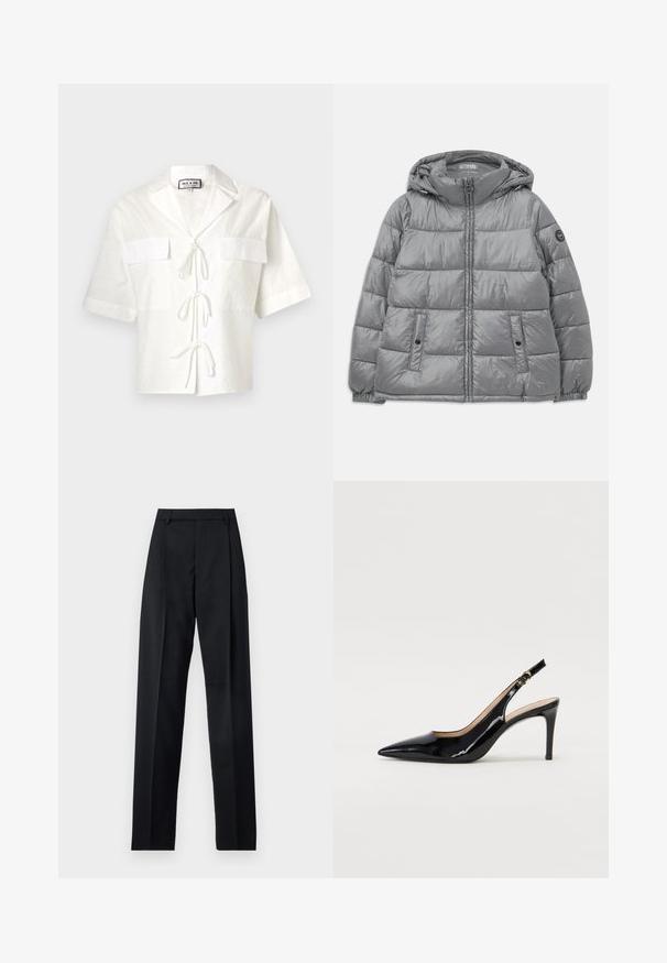 Veste grise rembourrée avec capuche, fermeture éclair à l'avant, deux poches latérales, poignets élastiques et un logo circulaire sur la manche gauche. Texture lisse et brillante.; Chemise blanche à manches courtes avec col, dotée de deux poches avant et d'une fermeture à lacer au milieu. Tissu texturé avec un motif subtil.; Pantalon noir en tissu lisse avec taille haute, jambes larges, plis à l'avant et passants de ceinture classiques. Pas de poches latérales visibles.; Pompe slingback en cuir verni noir avec un bout pointu, un talon fin et un design de découpes subtil. Elle dispose d'une boucle dorée sur la sangle.
