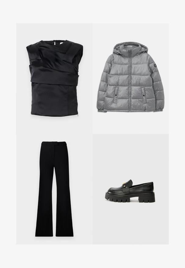 Pampuotas pilkas džemperis su gobtuvu, su užtrauktuku priekyje, dviem šoninėmis kišenėmis, elastinėmis rankovėmis ir apvaliu logotipu kairiajame rankovėje. Lygus, blizgus paviršius.; Juodas satino topas, pasižymintis struktūrizuotu dizainu su plačiomis pečių linijomis ir asimetrišku priekiu, užsegamas užtrauktuku gale.; Juodos platėjančios kelnės su lygiu paviršiumi, pritaikyta juosmeniu ir priekinių kišenių dizainu, sukurtos su modernia, elegantiška siluetu.; Juodi odiniai loafers batai su masyviu padu, papuošti auksiniu akcentu priekyje ir lygiu paviršiumi. Masyvi protektoriaus dizaino išvaizda padais.