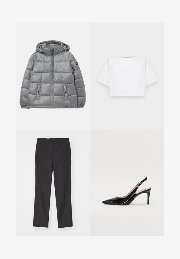 Veste grise rembourrée avec capuche, fermeture éclair à l'avant, deux poches latérales, poignets élastiques et un logo circulaire sur la manche gauche. Texture lisse et brillante.; T-shirt blanc court en tissu doux, avec des manches courtes, un col rond et des détails en côtes sur l'ourlet. Design simple et sans embellissement.; Pantalons noirs ajustés avec une coupe droite, dotés de passants de ceinture et d'une texture lisse, réalisés en tissu léger.; Pompe slingback en cuir verni noir avec un bout pointu, un talon fin et un design de découpes subtil. Elle dispose d'une boucle dorée sur la sangle.