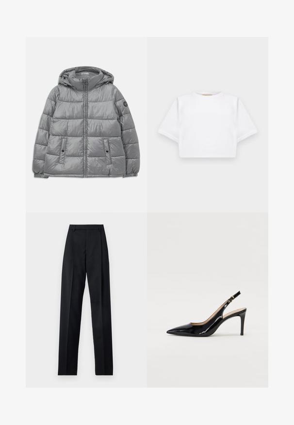 Veste grise rembourrée avec capuche, fermeture éclair à l'avant, deux poches latérales, poignets élastiques et un logo circulaire sur la manche gauche. Texture lisse et brillante.; T-shirt blanc court en tissu doux, avec des manches courtes, un col rond et des détails en côtes sur l'ourlet. Design simple et sans embellissement.; Pantalon noir en tissu lisse avec taille haute, jambes larges, plis à l'avant et passants de ceinture classiques. Pas de poches latérales visibles.; Pompe slingback en cuir verni noir avec un bout pointu, un talon fin et un design de découpes subtil. Elle dispose d'une boucle dorée sur la sangle.