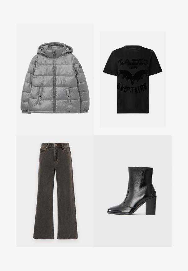 Pohodlná šedá bunda s kapucí, zipem vpředu, dvěma bočními kapsami, elastickými manžetami a kruhovým logem na levém rukávu. Hladká, lesklá textura.; Černé bavlněné tričko s lesklým černým grafickým potiskem s textem "ZADIG 1997 & VOLTAIRE" a designem podobným netopýrovi. Krátké rukávy.; Džíny s širokými nohavicemi v tmavě šedém denimovém provedení. Vyznačují se vysokým pasem, pěti kapsami a kontrastním zlatým prošíváním. Jemné opotřebení dodává texturovaný vzhled.; Černé kožené kotníkové boty s hladkou texturou, špičatou špičkou a robustním vysokým podpatkem. Mají boční otvor a minimalistický design.