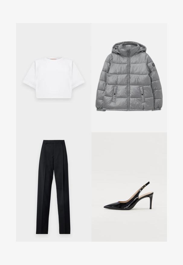 Pehme jahehall jakk kapuutsiga, lukuga ees, kahe külgtaskuga, elastsete mansettide ja ümarate logodega vasakul varrukal. Sile, läikiv tekstuur.; Lühikeste varrukatega, pehmest kangast lõigatud valge T-särk, millel on ümar kaelus ja soonikuga ääred. Lihtne ja ilma kaunistusteta disain.; Mustad püksid siledast kangast, millel on kõrge vöökoht, laiad jalad, esimesed kortsud ja klassikalised vööloopid. Küljepockets pole nähtavad.; Must hõbedavärvi patendiga slingback kontsakingad terava varbaga, kitsas konts ja peene lõikega disain. Statistika on kuldne pandla rihmal.