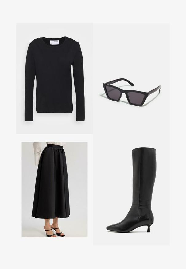 Pruun ümberkaantud mantel tekstureeritud kangast, millel on lõhikum kollane krae, pikad varrukad ja samast kangast vöö, mis on talje kohale kinni seotud.; Must have pikkade varrukatega must t-särk, mis on valmistatud pehmest puuvillast, omades ümmargust kaelust ja lihtsat, õmblusteta disaini ilma mustrite ja aktsentideta.; Mustast maksieseest valmistatud siledast kangast, millel on gathersse õmmeldud vöökoht ja voolav disain, kombineeritud mustade rihmadega kontsakingadega.; Zign Saapad - black; Mustad mustrakellad, millel on hallid šabloonid; valmistatud plastist, paksude ja siledate kätega, ilma nähtava riistvarata.