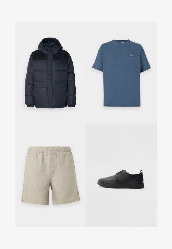 Navy puffer jacket with a hood, quilted design, textured shoulder panels, front pockets, and elasticized cuffs. Features a logo on the chest.; Blue cotton t-shirt with a classic crew neck, short sleeves, relaxed fit, and two small printed logos on the chest. Smooth texture.; Light beige linen shorts with an elastic waistband, featuring a straight cut and side stitching details. Smooth, breathable texture.; Black leather sneaker with a smooth finish, rounded toe, tonal stitching, lace-up front, and a flat rubber sole. Loop at the heel.
