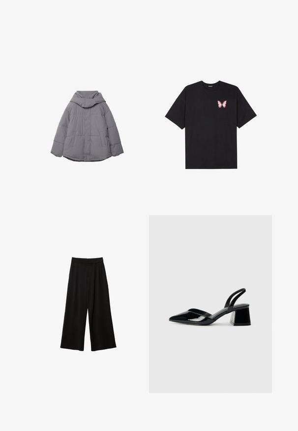 Harmaa puffatakki korkealla kauluksella, joissa on kaksi etutaskua ja joustavat hihansuut. Materiaali näyttää sileältä ja siinä on tikattu tekstuuri.; Musta puuvillapaita lyhyillä hihoilla, jossa on pieni vaaleanpunainen perhosgrafiikka vasemmassa rinnassa. Pyöreä kaula-aukko ja rento istuvuus.; Mustat löysät housut korkealla vyötäröllä, joissa on laskoksia, sileä pinta ja ei näkyviä taskuja tai koristeluja.; Mustat patentoitu nahkakengät, joissa on säären takaosa ja terävä kärki, sekä geometrinen palikkakorko. Sisältää tyylikkään, minimalistisen muotoilun ja sileän pinnan.