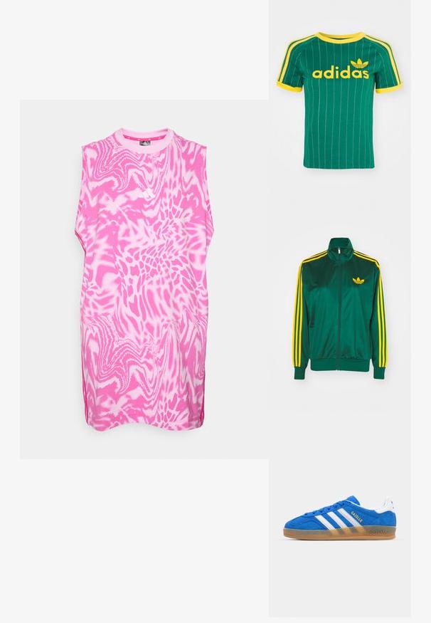 Žalias satino sportinis džemperis, užtrauktukas priekyje, aukštas apykaklė, geltonos spalvos trijų juostų dizainas ant rankovių ir mažas geltonas logotipas ant krūtinės.; Bežė rankovių rožinė palaidinė su sukasi baltu raštu, apvaliu iškirpimu ir šoninėmis plyšiais. Pagaminta iš minkštos, lengvos medžiagos.; Žalias medvilninis marškinėlis su vertikaliomis baltomis juostomis, geltonais akcentais ir geltonos spalvos "adidas" logotipu. Trumpomis rankovėmis ir apvaliu kaklu.; Mėlyni zomšiniai sportbačiai su baltais dryžiais ir „Gazelle“ tekstu. Yra guminis padas ir tekstūruoti akcentai ant viršaus. Klasikinis dizainas.