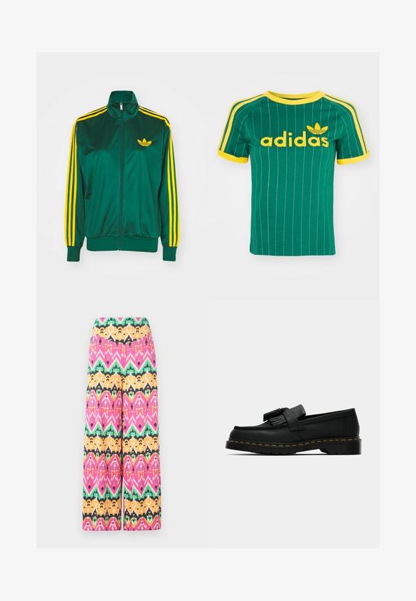 Roheline satiinist spordijakk, lukuga ees, kõrge kaelus, kollased kolm triipu disainis varrukatel ning väike kollane logo rinnal.; Roheline puuvillane T-särk vertikaalsete valgete triipudega, kollaste detailidega ja „adidas“ logo kollases kirjas. Lühikesed varrukad ja ümmargune kaelus.; Mitmevärvilised laiad püksid, millel on geomeetriline mustril roosa, rohelise, oranži ja mustaga. Valmistatud kergest kangast, millel on sile viimistlus.; Mustad musta nahast suss, millel on tuttide detailid, kollane lõng üle põhja ning paks ja sooneline kummist välispõhi.