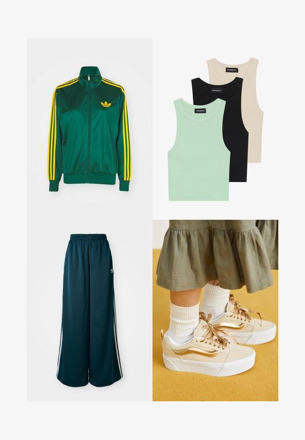 Green satin track jacket, zippered front, high collar, yellow three-stripe design on sleeves, and a small yellow logo on the chest.; Three tank tops in mint green, black, and beige; made of ribbed fabric with a round neckline and no sleeves. Brand label visible.; Teal wide-leg sweatpants with an elastic waistband, featuring three white stripes along the sides and an Adidas logo on the left side.; Vans KNU STACK - Skate shoes - high shine gold