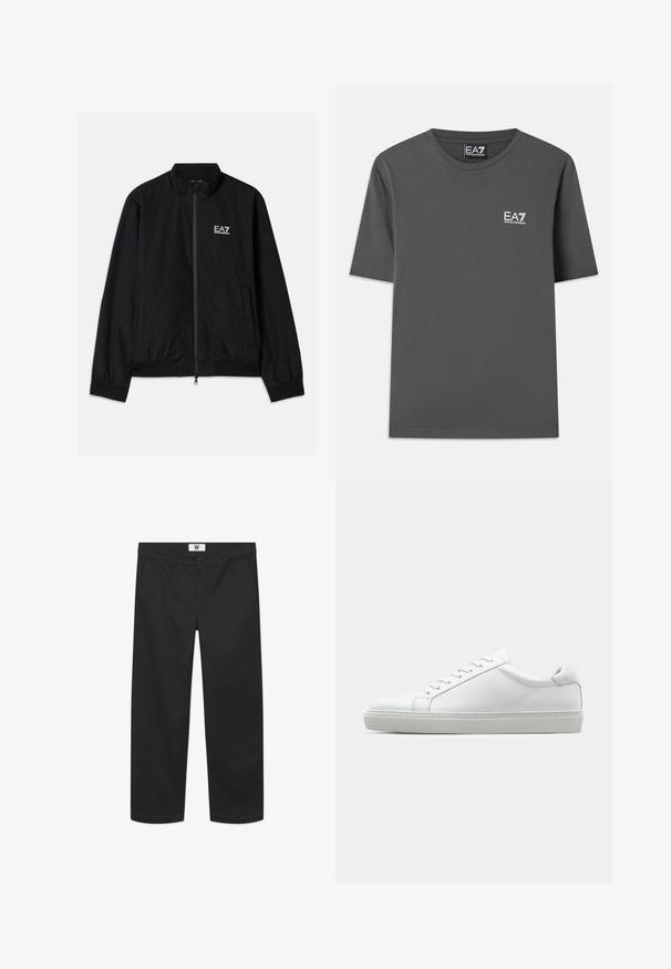Črna bomber jakna s visokim ovratnikom, zadrgo spredaj, elastičnimi manšeti in robom. Opremljena z belim EA7 logotipom na levem prsnem delu in dvema stranskima žepoma.; Siva bombažna majica s kratkimi rokavi, okroglim izrezom in majhno belo nalepko na levi strani prsnega koša. Gladek tekstura in standarden kroj.; Črne chinos hlače, izdelane iz gladkega bombažnega blaga. Imajo zaponko na gumb, sprednje žepe in ravno obliko nogavic s čistimi robovi.; Bela športna obutev z gladkim usnjenim zgornjim delom in nizkim profilom. Ima zaokrožen nos, šest lukenj za vezalke in teksturiran gumijast podplat.
