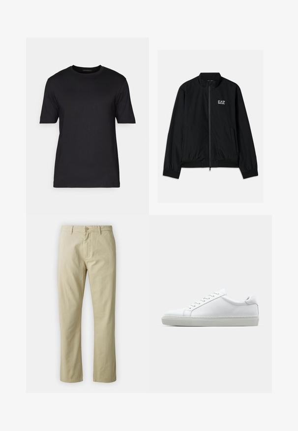 Svart bomberjakke med høy krage, glidelåsfront, elastiske mansjetter og nederkant. Har hvit EA7-logo på venstre bryst og to sidelommer.; DRYKORN RAPHAEL - T-shirts - black; Beige bomullsbukser med rett ben-design, frontlukking med knapp og beltehemper. Jevn tekstur, ingen synlige mønstre eller detaljer.; Hvit sneakers med en glatt skinnoverdel og lav profil. Har en rund tå, seks snøring hull, og en teksturert gummisåle.