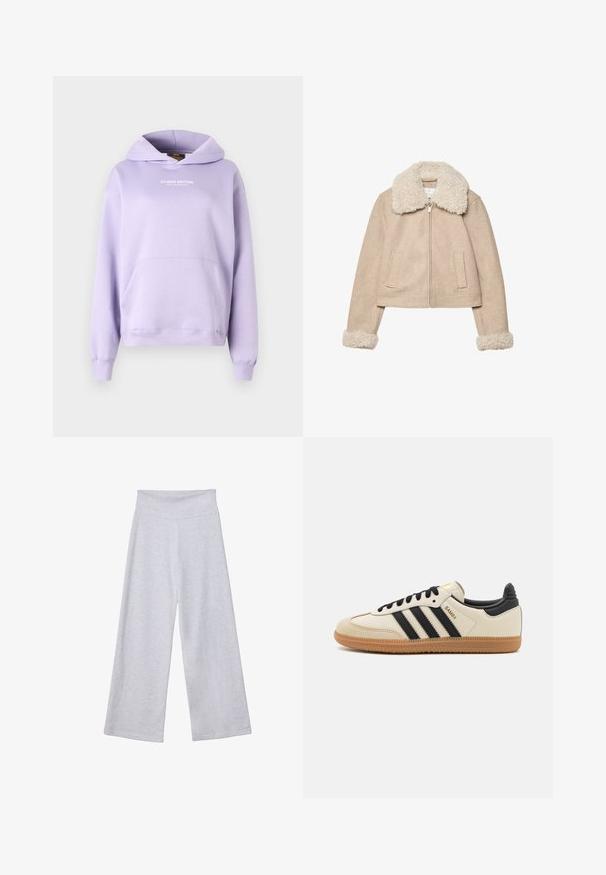 Béžová zkrácená bunda vyrobená z měkké tkaniny, s nadýchaným krémovým límcem a manžetami, se zipovým zapínáním a dvěma předními kapsami.; Světle fialová mikina s kapucí a přední kapsou, se šňůrkou a textem „STUDIO EDITION“. Vyrobena z měkkého materiálu s žebrovanými manžetami a lemem.; Světle šedé kalhoty s širokými nohavicemi a vysokým pasem. Vyrobené z měkké látky, s hladkým povrchem a volným střihem pro pohodlí.; Beige sportovní obuv s černými pruhy, gumovou podešví a černými akcenty. Disponuje hladkým koženým svrškem a zaobleným tvarem špičky.