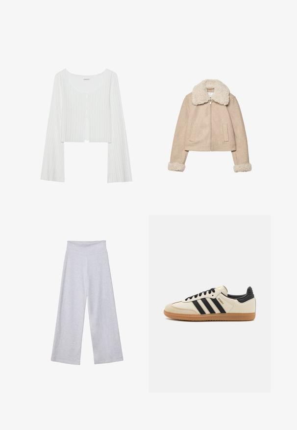 Beige verkürzte Jacke aus weichem Stoff, mit einem flauschigen, cremfarbenen Kragen und Bündchen, Reißverschluss und zwei Vordertaschen.; Weißes, geripptes, kurzes Oberteil mit rundem Ausschnitt, langen Ärmeln und Knopfleiste. Verfügt über eine leichte Textur und einen Schlitz vorne.; Helle graue, weit geschnittene Hose mit hohem Bund. Hergestellt aus weichem Stoff, mit glatter Textur und lockerer Passform für maximalen Komfort.; Beige Sport Schuh mit schwarzen Streifen, Gummisohle und schwarzen Akzenten. Verfügt über ein Obermaterial aus glattem Leder und ein rundes Zehendesign.