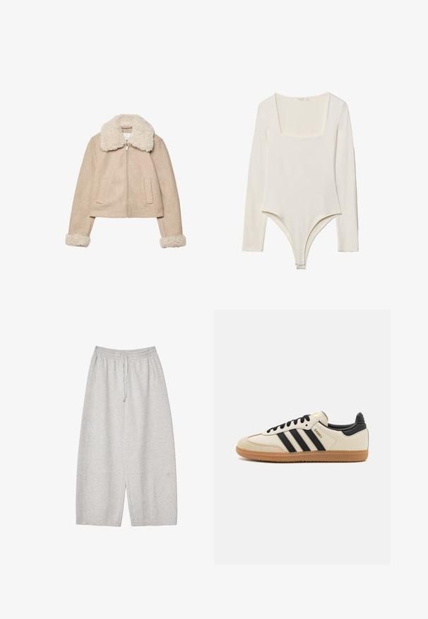 Bež jakna do pasu iz mehkega materiala, z nežnim kremnim ovratnikom in manšetami, z zadrgo in dvema sprednjima žepoma.; Bodysuit z dolgimi rokavi v svetlo kremni barvi, ki ima kvadratni izrez, gladko teksturo in zapiranje s pritrdilnimi gumbi na dimljah za enostavno oblačenje.; Svetlo sivi trenirki z elastičnim pasom in vrvico, z ohlapnim krojem in gladko teksturo, idealni za udobje in vsakodnevno nošenje.; Bež športna čevlja z črnimi črtami, gumijastim podplatom in črnimi detajli. Imajo gladko usnjeno zgornji del in obliko zaobljenega prsta.