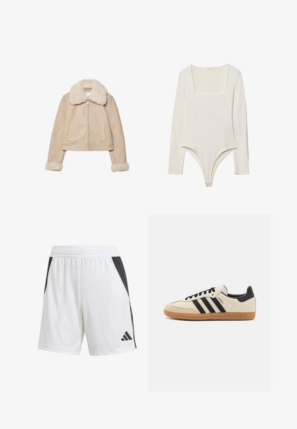 Beige verkürzte Jacke aus weichem Stoff, mit einem flauschigen, cremfarbenen Kragen und Bündchen, Reißverschluss und zwei Vordertaschen.; Langärmliger Bodysuit in hellem Creme mit quadratischem Ausschnitt, glatter Textur und Druckknöpfen im Schritt für einfaches Anziehen.; Weiße Sportshorts mit einem schwarzen Seitenpanel, aus leichtem Stoff. Mit einem elastischen Bund und einem schwarzen Adidas-Logo am unteren Bein.; Beige Sport Schuh mit schwarzen Streifen, Gummisohle und schwarzen Akzenten. Verfügt über ein Obermaterial aus glattem Leder und ein rundes Zehendesign.