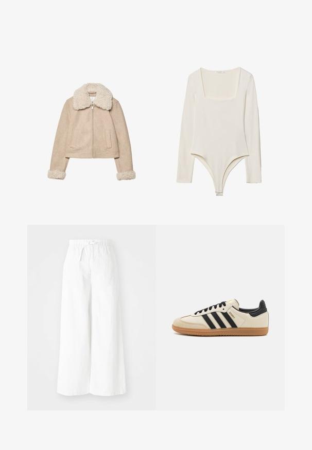 Béžová skrátená bunda vyrobená z mäkkej tkaniny, ktorá má nadýchaný krémový golier a manžety, zipsové uzatváranie a dve predné vrecká.; Dlhý rukáv body v svetlej smotane, ktorý má štvorcový výstrih, hladký povrch a patentky v rozkroku pre jednoduché obliekanie.; Biele široké nohavice s elastickým pásom, s detailom na viazanie vpredu. Vyrobené z ľahkej látky, vhodné na neformálne nosenie.; Béžová športová obuv s čiernymi pruhmi, gumovou podošvou a čiernymi akcentami. Má hladký kožený zvršok a zaoblený dizajn prstov.