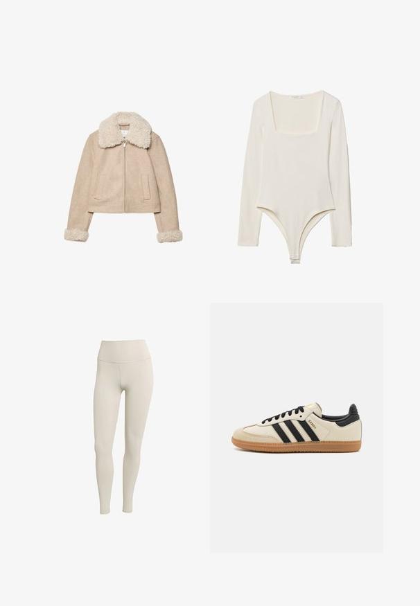 Beige verkürzte Jacke aus weichem Stoff, mit einem flauschigen, cremfarbenen Kragen und Bündchen, Reißverschluss und zwei Vordertaschen.; Langärmliger Bodysuit in hellem Creme mit quadratischem Ausschnitt, glatter Textur und Druckknöpfen im Schritt für einfaches Anziehen.; Beige Leggings aus elastischem Stoff mit hohem Bund. Glatte Textur, figurbetonender Schnitt, keine sichtbaren Muster oder Beschläge.; Beige Sport Schuh mit schwarzen Streifen, Gummisohle und schwarzen Akzenten. Verfügt über ein Obermaterial aus glattem Leder und ein rundes Zehendesign.