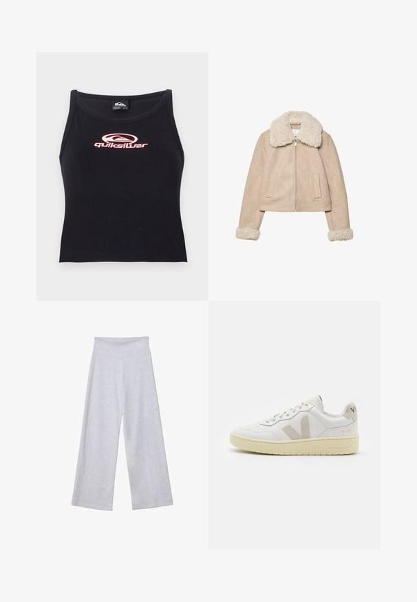 Bež jakna do pasu iz mehkega materiala, z nežnim kremnim ovratnikom in manšetami, z zadrgo in dvema sprednjima žepoma.; Črn brezrokavnik s kratkim krojem, izdelan iz mehke tkanine, z roza logotipom Quiksilver, ki je centriran na prsih. Preprost dizajn z zaobljenim izrezom.; Svetlosivi široki hlače z visokim pasom. Narejene iz mehke tkanine, z gladko teksturo in ohlapnim krojem za udobje.; Bela usnjena tenisača z bež semiš poudarki, perforiranim prednjim delom, ravnimi vezalkami in strukturiranim kremnim podplatom. Ima diskretno blagovno znamko na peti.