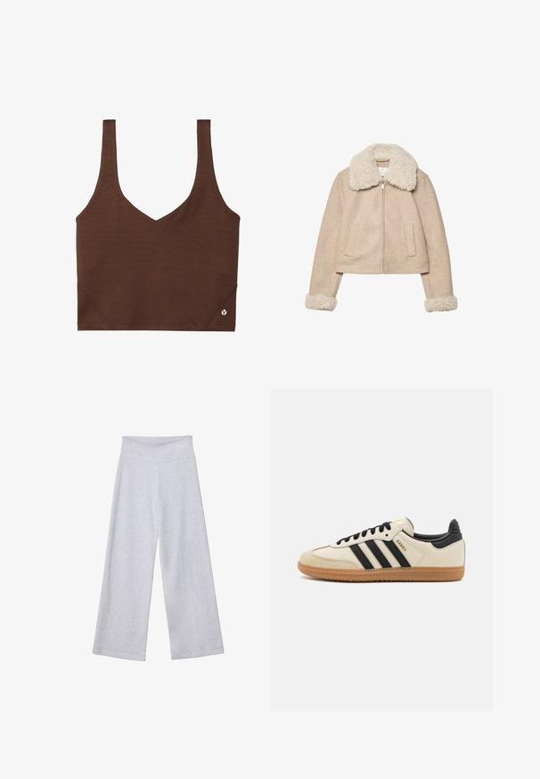 Giacca cropped beige realizzata in tessuto morbido, con un colletto e polsini in pelliccia crema, chiusura con zip e due tasche frontali.; Top sportivo marrone con scollatura a V, realizzato in tessuto morbido e elastico. Presenta spalline larghe e un piccolo logo accentato sull'orlo.; Pantaloni larghi grigi chiari con vita alta. Realizzati in un tessuto morbido, presentano una superficie liscia e una vestibilità ampia per il massimo comfort.; Scarpa sportiva beige con strisce nere, suola in gomma naturale e dettagli neri. Presenta una tomaia in pelle liscia e un design a punta arrotondata.