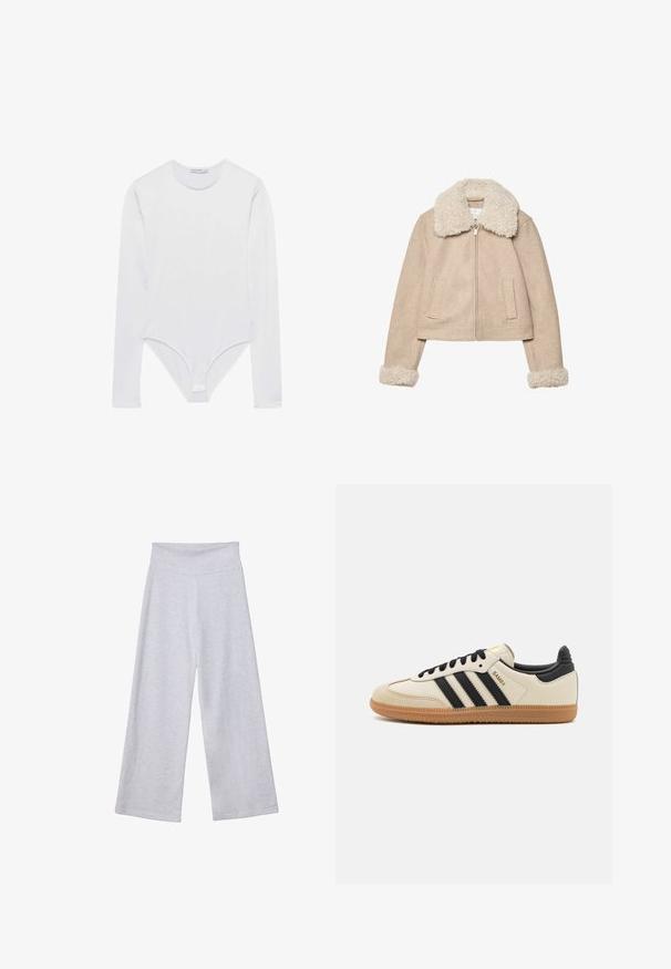 Beige cropped jack met een zachte stof, voorzien van een fluffy crèmekleurige kraag en manchetten, ritsluiting en twee voorzakken.; Stradivarius Longsleeve - off white; Lichtgrijze wijde broek met een hoge tailleband. Gemaakt van zachte stof, met een gladde textuur en een losse pasvorm voor comfort.; Beige sportieve schoen met zwarte strepen, gumrubberen zool en zwarte accenten. Beschikt over een gladleren bovenkant en een ronde neusdesign.