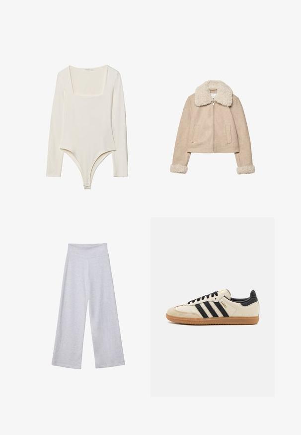 Giacca cropped beige realizzata in tessuto morbido, con un colletto e polsini in pelliccia crema, chiusura con zip e due tasche frontali.; Body a maniche lunghe in crema chiaro, con scollatura quadrata, texture morbida e chiusure a pressione nella zona inguinale per una facile vestibilità.; Pantaloni larghi grigi chiari con vita alta. Realizzati in un tessuto morbido, presentano una superficie liscia e una vestibilità ampia per il massimo comfort.; Scarpa sportiva beige con strisce nere, suola in gomma naturale e dettagli neri. Presenta una tomaia in pelle liscia e un design a punta arrotondata.