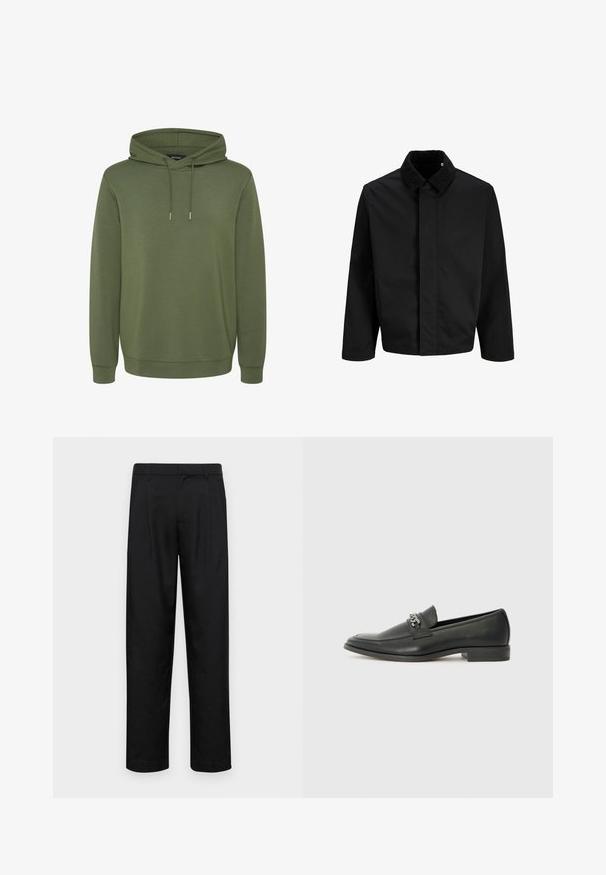 Chaqueta negra con cuello de pana, corte recto, mangas largas y una textura suave sin cierres ni patrones visibles.; Sudadera verde oliva hecha de material suave, con una capucha espaciosa y cordones, así como puños y dobladillo acanalados para un ajuste cómodo.; Pantalones negros de tela suave, con un diseño de pierna recta, dos pliegues frontales y una cintura estándar con trabillas para el cinturón.; Mocasín de cuero negro con un acabado suave, que cuenta con un diseño de costura y un acento decorativo de cadena de metal en el empeine. Tacón plano.