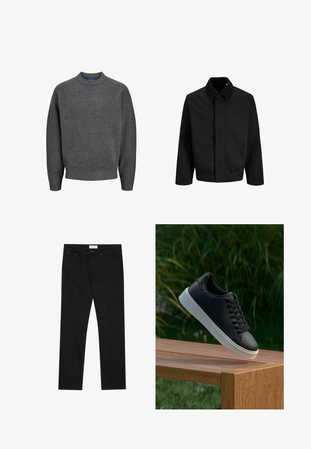 Czarna kurtka z corduroyowym kołnierzem, prostym krojem, długimi rękawami i gładką fakturą bez widocznych zapięć lub wzorów.; Jack & Jones JOROLLIE szary; Czarne jeansy straight-leg z pięcioma kieszeniami, zapięcie na guzik i zamek błyskawiczny oraz metka marki Pier One na pasku.; Czarne skórzane sneakersy o gładkiej fakturze, z białą gumową podeszwą i sześcioma otworami na sznurowadła, wyeksponowane na drewnianej powierzchni.