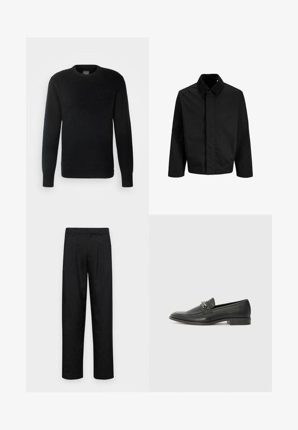 Zwarte jas met een ribbels kraag, een rechte snit, lange mouwen en een gladde textuur zonder zichtbare sluitingen of patronen.; Zwarte gebreide trui met lange mouwen, ronde hals, geribbelde boorden en zoom, voorzien van een klein logo label aan de onderkant links.; Zwarte broeken van gladde stof, met een recht model, twee voorknikken en een standaard tailleband met riemlussen.; Zwarte leren instapper met een gladde afwerking, voorzien van een gestikt ontwerp en een decoratieve metalen kettingaccent over de wreef. Platte hak.