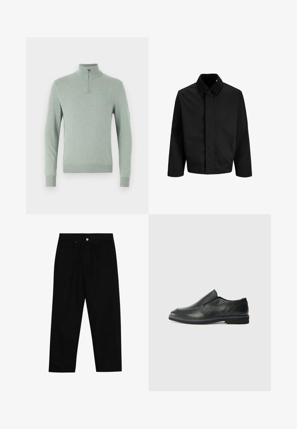 Črna jakna z žakardastim ovratnikom, ravnim krojem, dolgimi rokavi in gladko teksturo brez vidnih zapiranj ali vzorcev.; Prilega dolga majica iz svetlo zelene barve, ki ima visok ovratnik s četrtim zadrgo, rebrast rob in manšete, narejena iz mehkega pletenega materiala.; Črne denim hlače z ravnim krojem, petimi žepi in sprednjim gumbom. Gladka tekstura z minimalnimi šivi.; Črne usnjene natikače z gladkim zgornjim delom, prišitimi detajli, zaobljenim nosom in nizkim gumijastim petkom. Podplat ima minimalen profil.